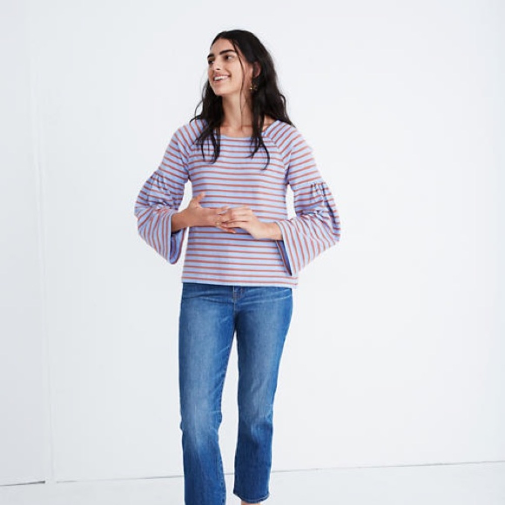 4/$25 Madewell Shirred-Sleeve Sailor Top in Dusty Blue and Salmon Orange size XS